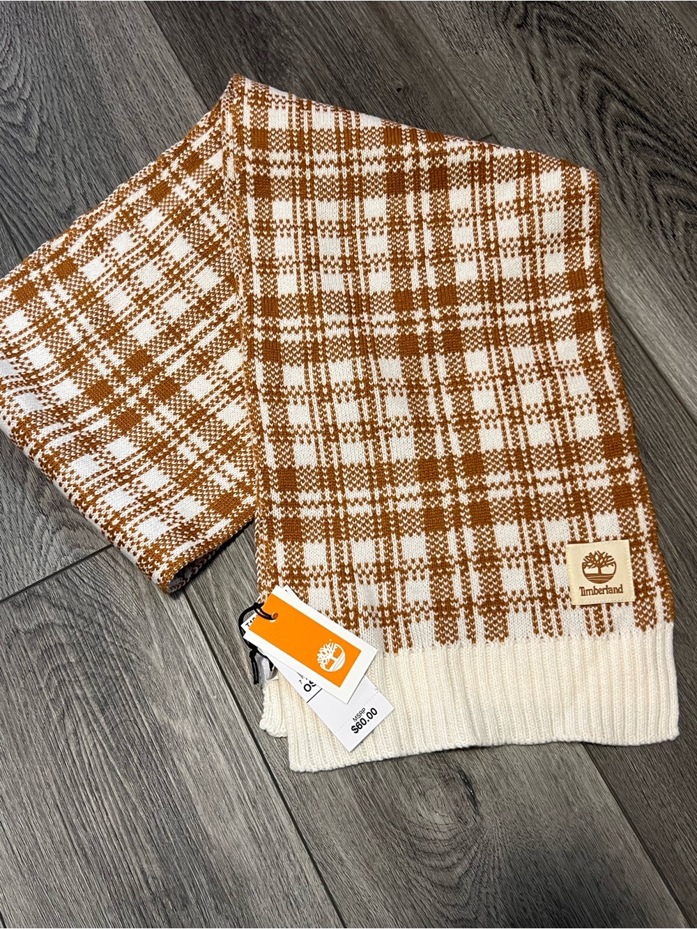 NWT-Timberland Cream and Brown Plaid Knit Scarf